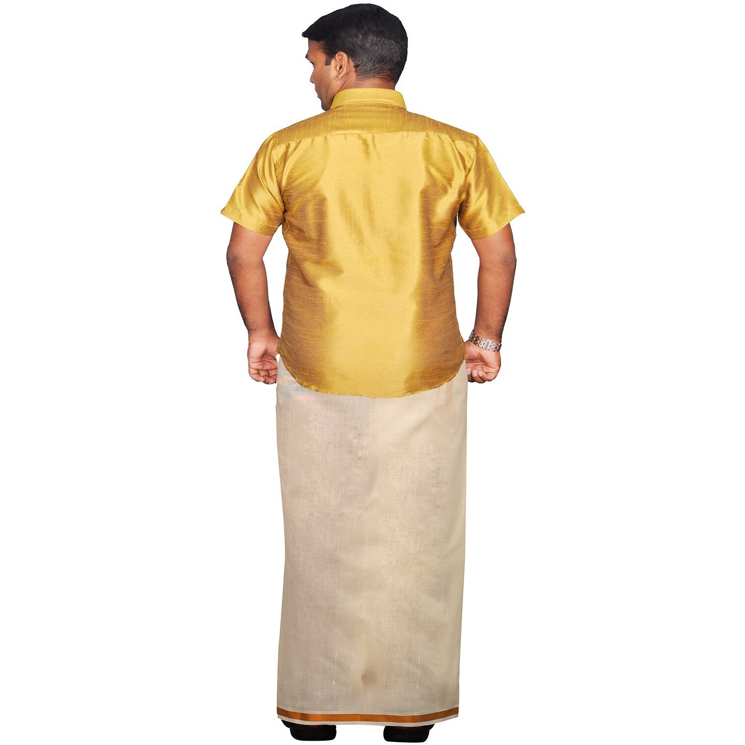Prakasam Cotton Mens Dhoti Shirt Set (Cream Colour Single Dhoti & A Dupion Silk Half Sleeve Slim Fit Shirt) (44)