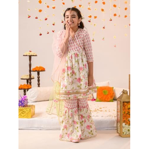 Pspeaches Girl's Cotton Kurta & Sharara (Sha-Pinkoffwhite-5-6Y_Offwhite