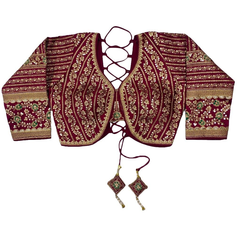 Pujia Mills Women's Heavy Embroidery Coding With Sequins Work 3/4Th Sleeves Fancy Readymade Saree Blouse(Missy Maroon_38)