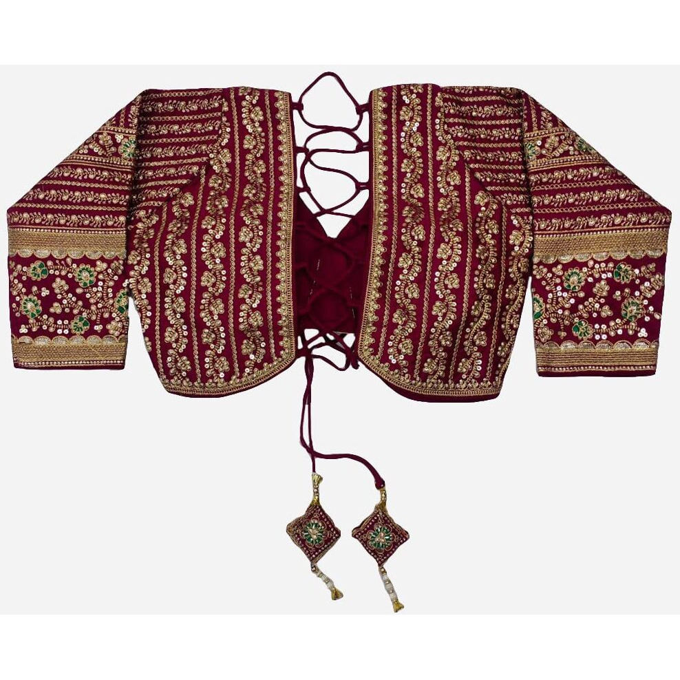 Pujia Mills Women's Heavy Embroidery Coding With Sequins Work 3/4Th Sleeves Fancy Readymade Saree Blouse(Missy Maroon_38)