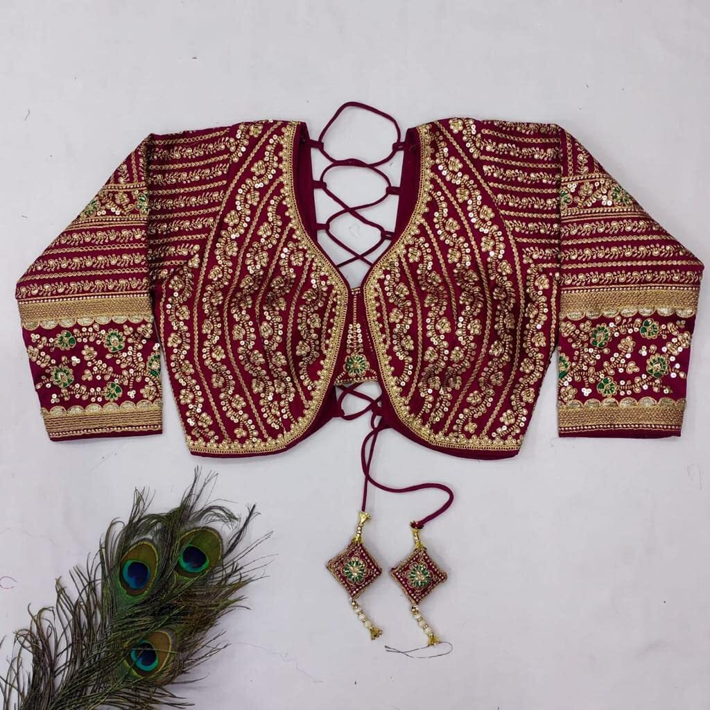 Pujia Mills Women's Heavy Embroidery Coding With Sequins Work 3/4Th Sleeves Fancy Readymade Saree Blouse(Missy Maroon_38)