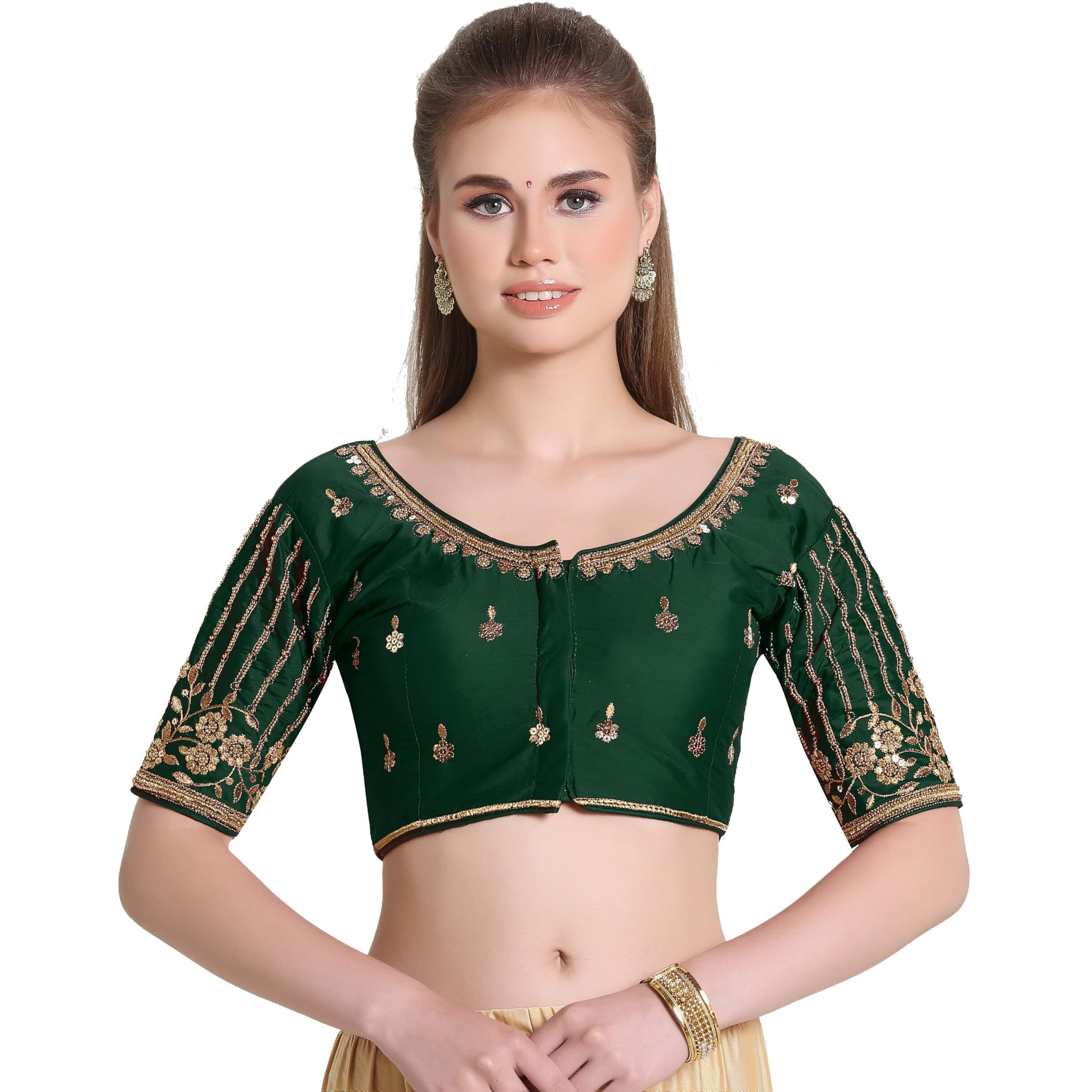 Pujia Mills Women's Readymade Bridal Embroidery Blouse Multi Coding Maggam Work Moti Work Indian Ethnic Designer Stitched Readymade Saree Half Sleeve Green Blouse For Women For Saree Lehenga Choli