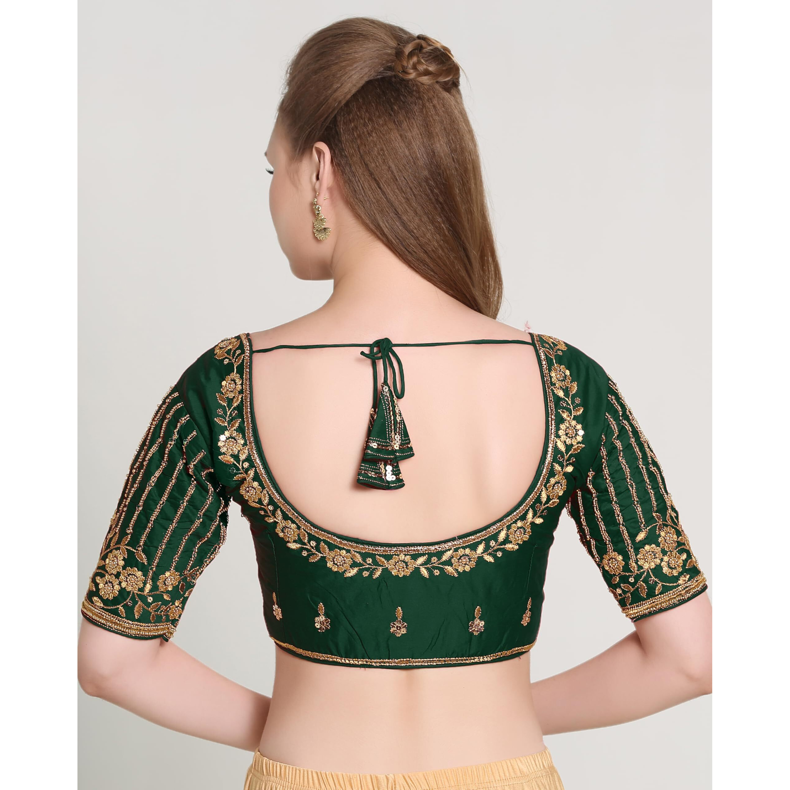 Pujia Mills Women's Readymade Bridal Embroidery Blouse Multi Coding Maggam Work Moti Work Indian Ethnic Designer Stitched Readymade Saree Half Sleeve Green Blouse For Women For Saree Lehenga Choli