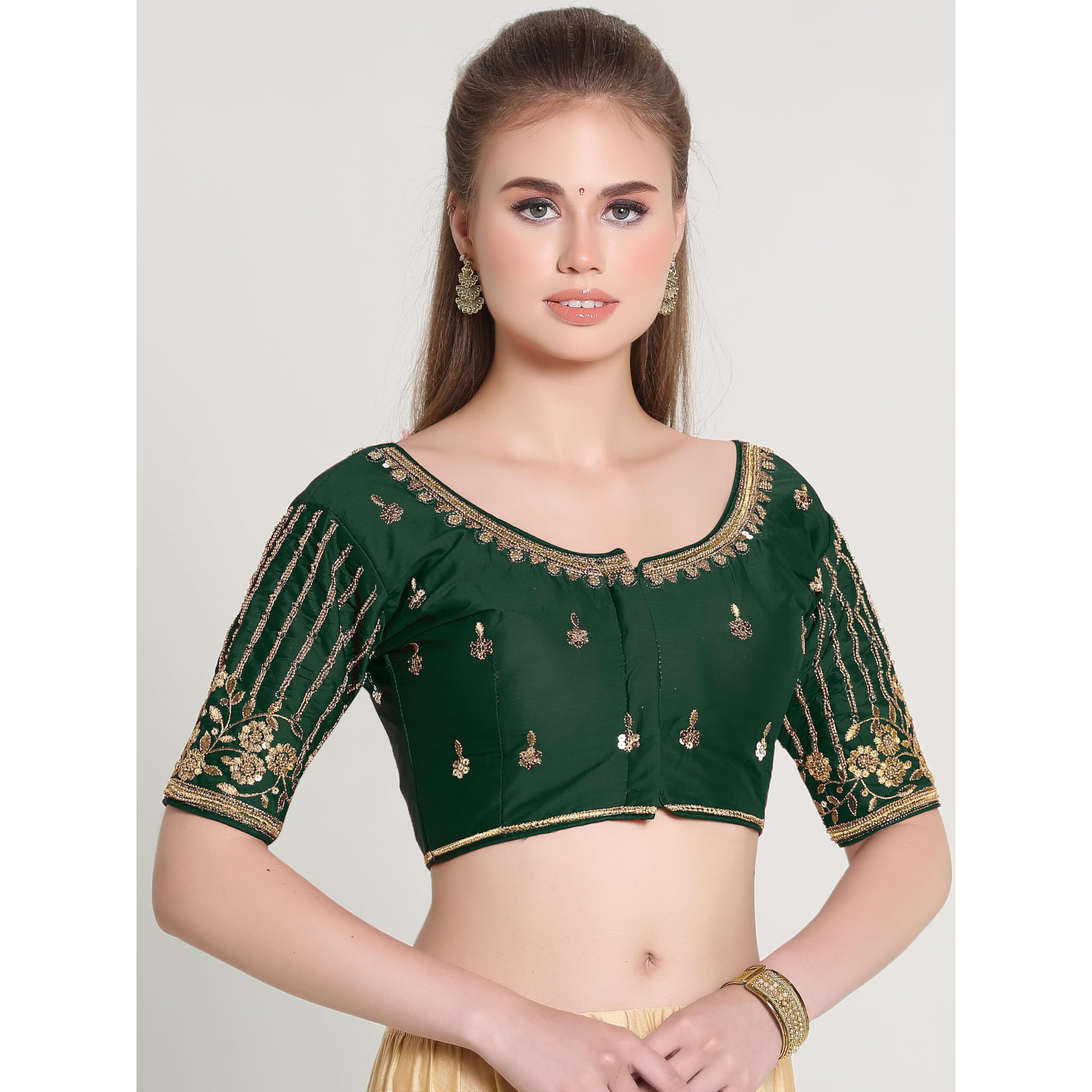 Pujia Mills Women's Readymade Bridal Embroidery Blouse Multi Coding Maggam Work Moti Work Indian Ethnic Designer Stitched Readymade Saree Half Sleeve Green Blouse For Women For Saree Lehenga Choli