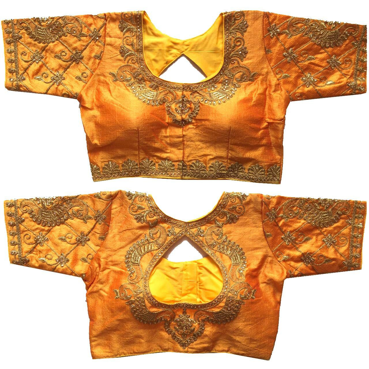 Pujia Mills Women's Multicolor Phantom Silk Water Drop Back Neck Peacock Embroidery Stone Work Sleeves Readymade Saree Blouse (Murari Blouse_Yellow_38 Size+Margin)