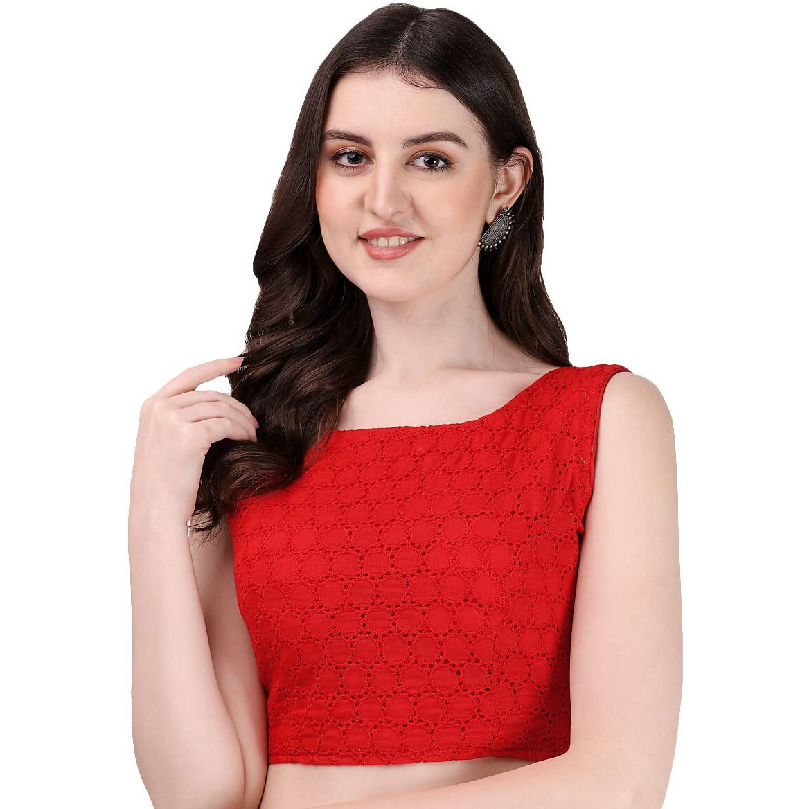Pujia Mills Women's Women's Cotton Chikankari Embroidery Work Readymade Saree Sleeveless Blouse