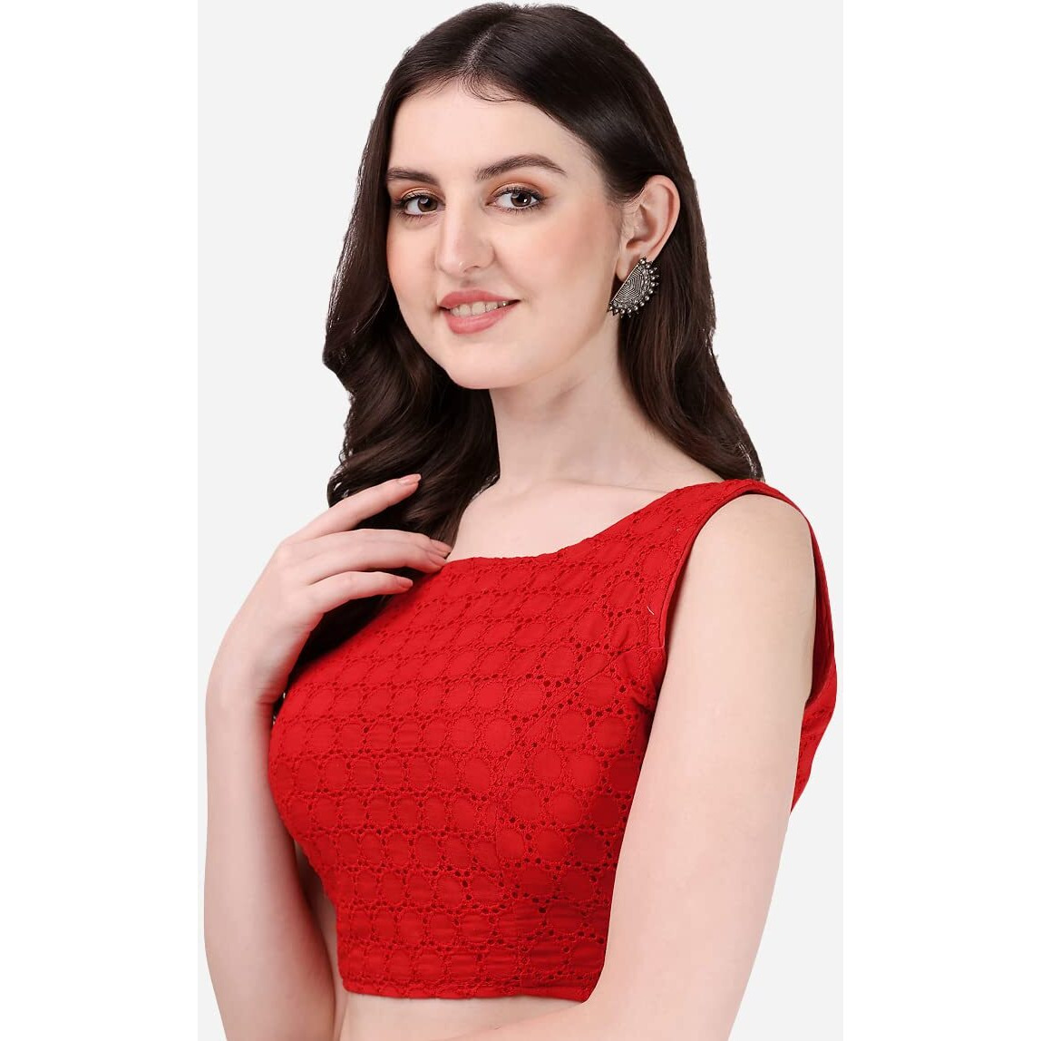 Pujia Mills Women's Women's Cotton Chikankari Embroidery Work Readymade Saree Sleeveless Blouse
