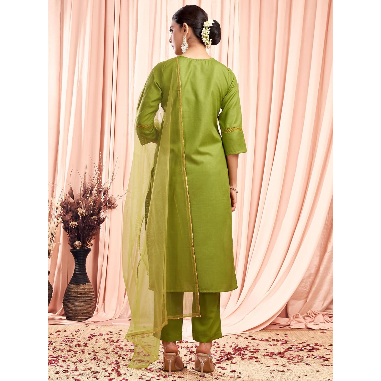 Sanisa Women's Cotton Blend Sequence Embroidery Work Straight Kurta With Pant And Dupatta Set (80Kbd895Nr-M_Parrot Green)