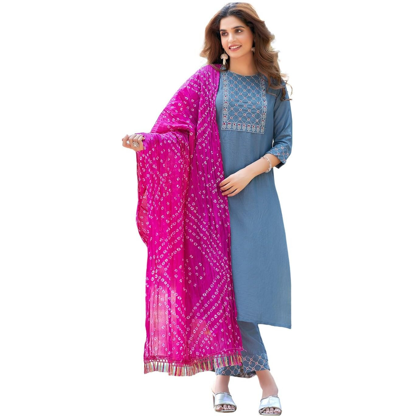 Sanisa Women's Chinnon Embroidery Straight Kurta With Pant And Plain Dupatta (71Kbd801Nz-L_Dusty Blue)