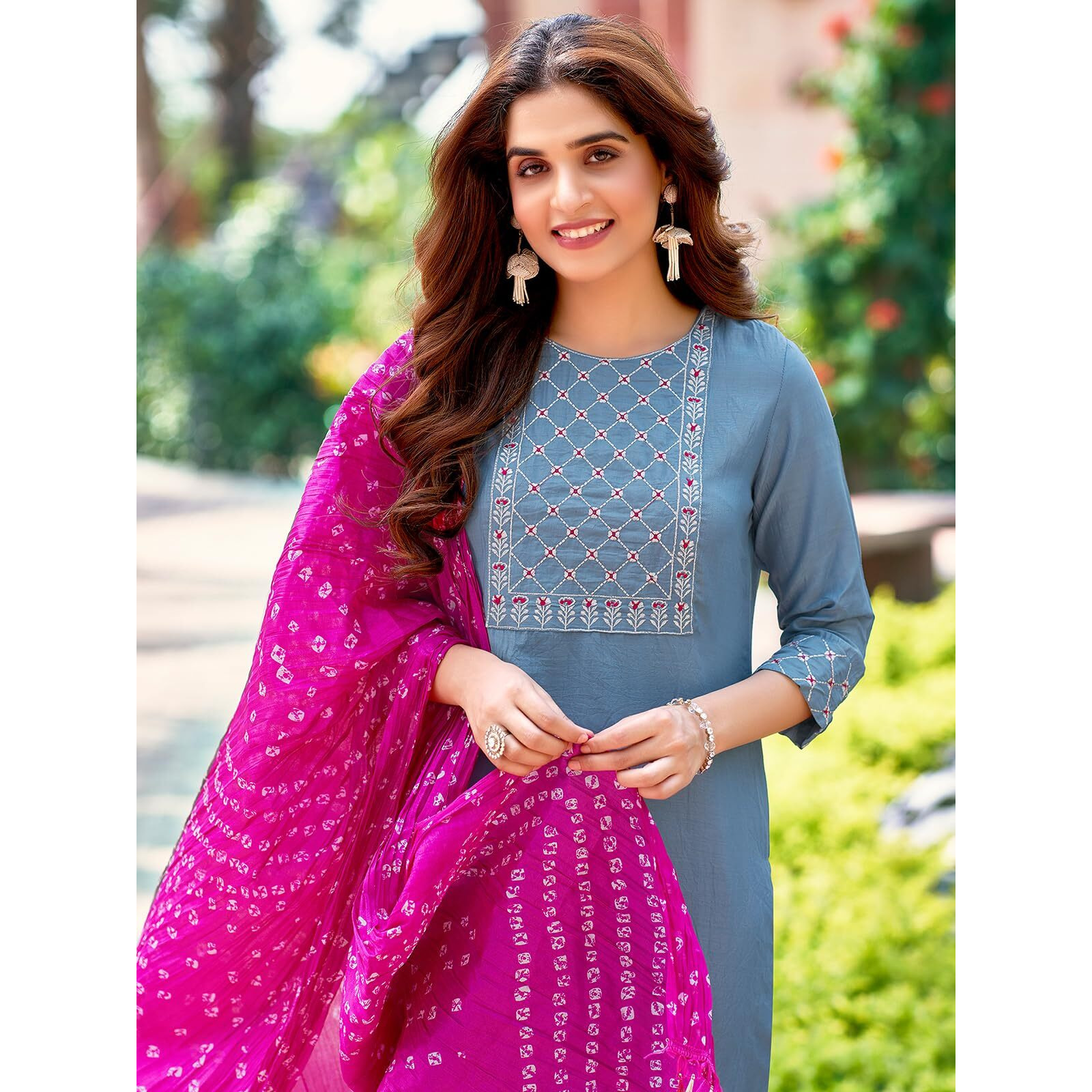 Sanisa Women's Chinnon Embroidery Straight Kurta With Pant And Plain Dupatta (71Kbd801Nz-L_Dusty Blue)