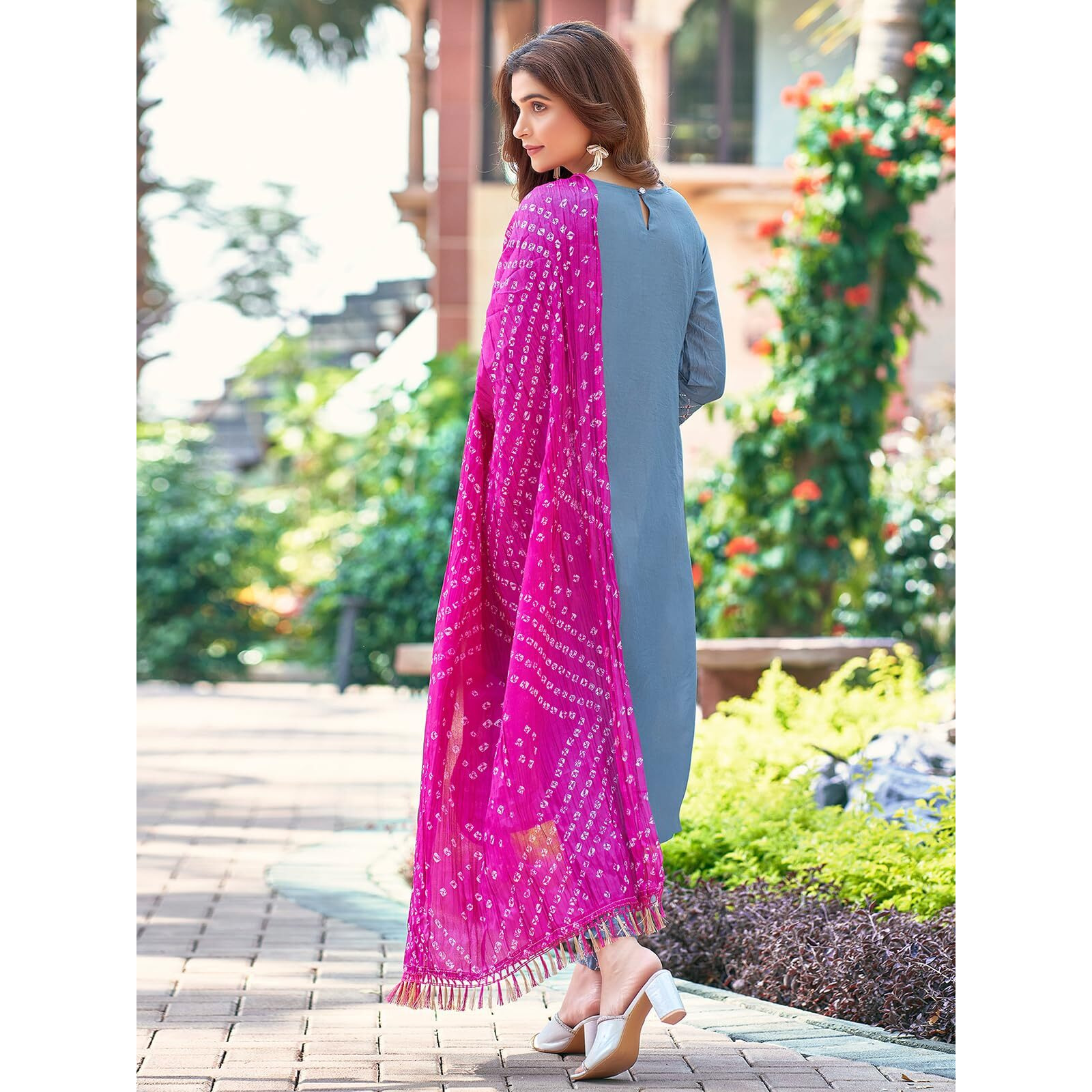 Sanisa Women's Chinnon Embroidery Straight Kurta With Pant And Plain Dupatta (71Kbd801Nz-L_Dusty Blue)