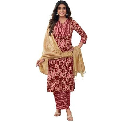 Sanisa Women's Cotton Blend Printed & Foil Work Straight Kurta With Pant And Woven Dupatta (121Kbd1315Nz-Xl_Red & Dark Beige & White)