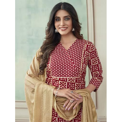 Sanisa Women's Cotton Blend Printed & Foil Work Straight Kurta With Pant And Woven Dupatta (121Kbd1315Nz-Xl_Red & Dark Beige & White)