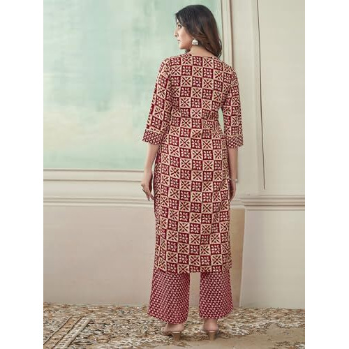 Sanisa Women's Cotton Blend Printed & Foil Work Straight Kurta With Pant And Woven Dupatta (121Kbd1315Nz-Xl_Red & Dark Beige & White)
