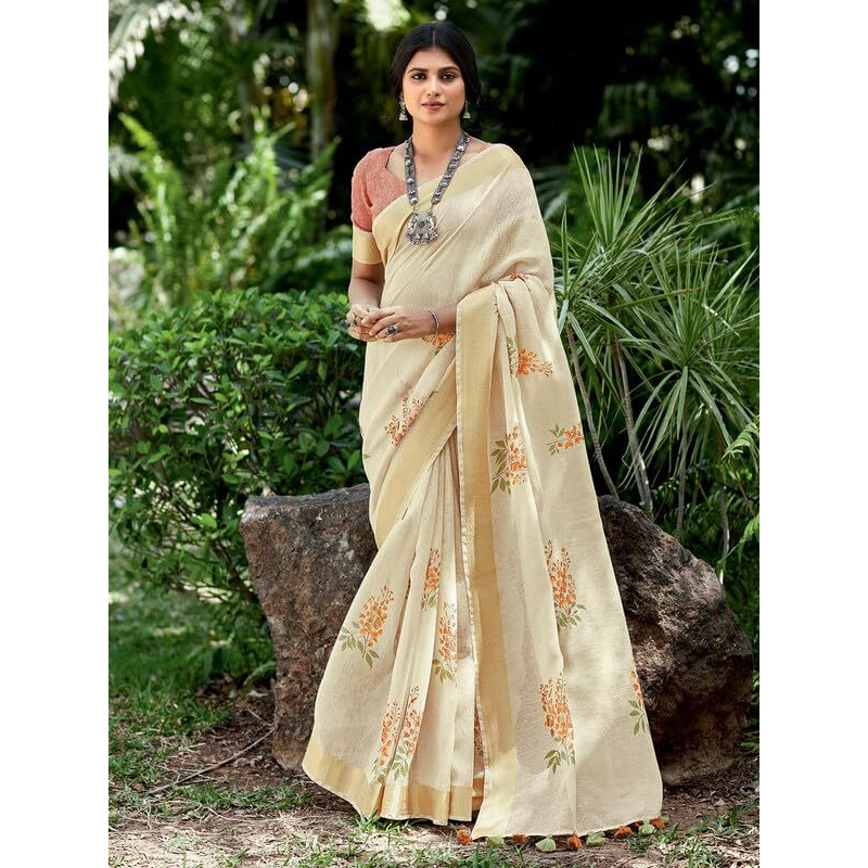 Satrani Women's Cotton Blend Floral Printed Zari Border Saree With Unstitched Blouse Piece (3638S715N_Cream & Dark Orange)
