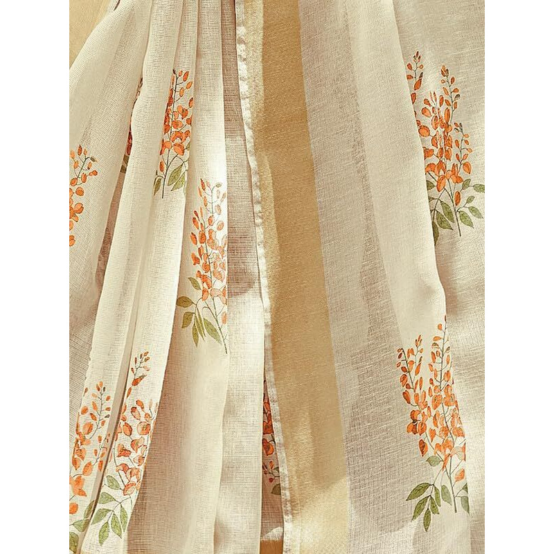 Satrani Women's Cotton Blend Floral Printed Zari Border Saree With Unstitched Blouse Piece (3638S715N_Cream & Dark Orange)