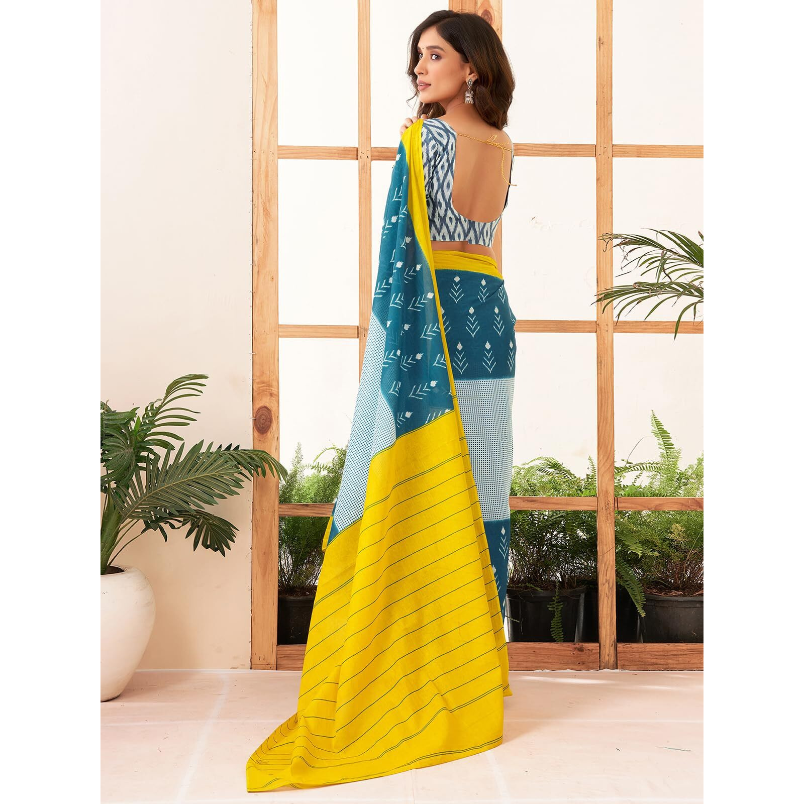 Satrani Women's Pure Cotton Printed Saree With Unstitched Blouse Piece (3885S378N_Rama Blue & Yellow & Off White)