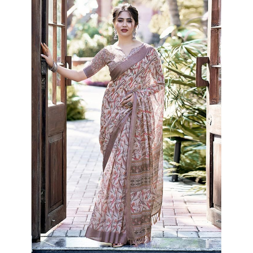 Satrani Women's Poly Linen Silver Border Digital Printed Saree With Unstitched Blouse Piece (3509S121N_Multi3)