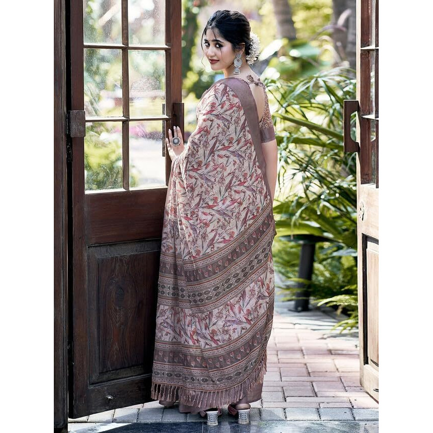 Satrani Women's Poly Linen Silver Border Digital Printed Saree With Unstitched Blouse Piece (3509S121N_Multi3)
