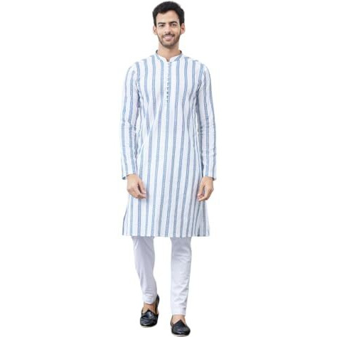 See Designs Men White And Blue Chikankari Embroidered Cotton Kurta Long Sleeves_Sdkt1429M