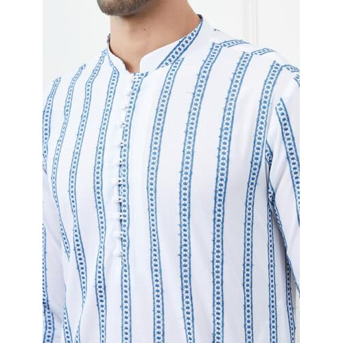 See Designs Men White And Blue Chikankari Embroidered Cotton Kurta Long Sleeves_Sdkt1429M