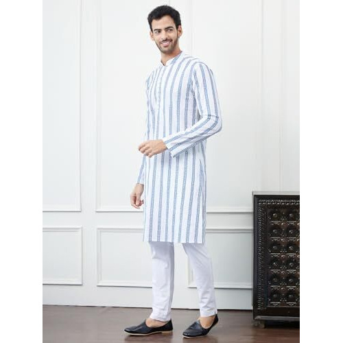 See Designs Men White And Blue Chikankari Embroidered Cotton Kurta Long Sleeves_Sdkt1429M