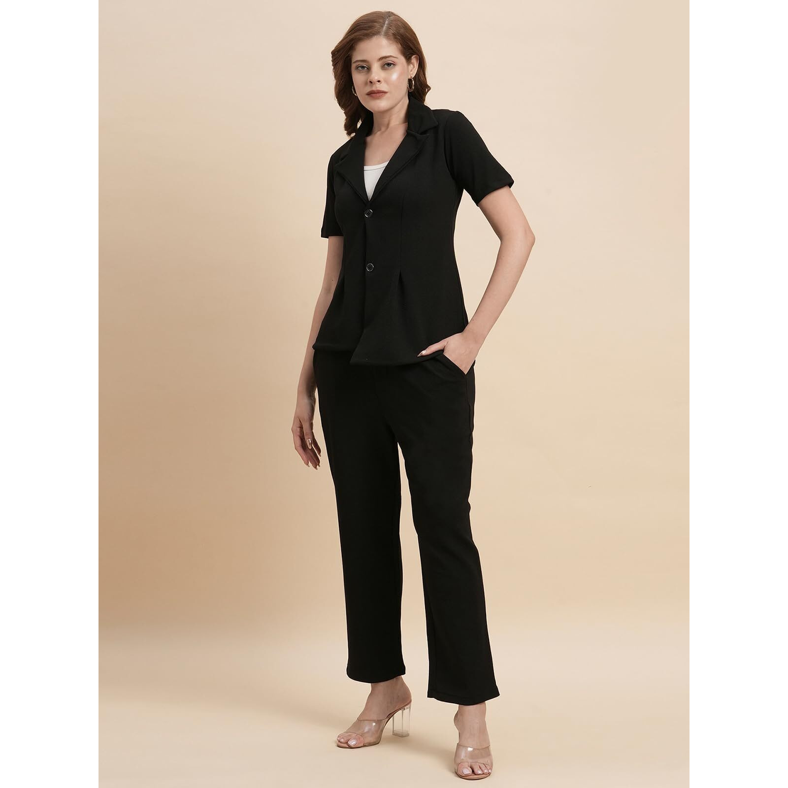 Selvia Co-Ords Set For Women|Lycra Shirt And Trouser Set|Casual Co-Ords Set For Women|Two Piece Co-Ord Set|Office Wear Co-Ords Set(717Ctk11726N-S_Black)