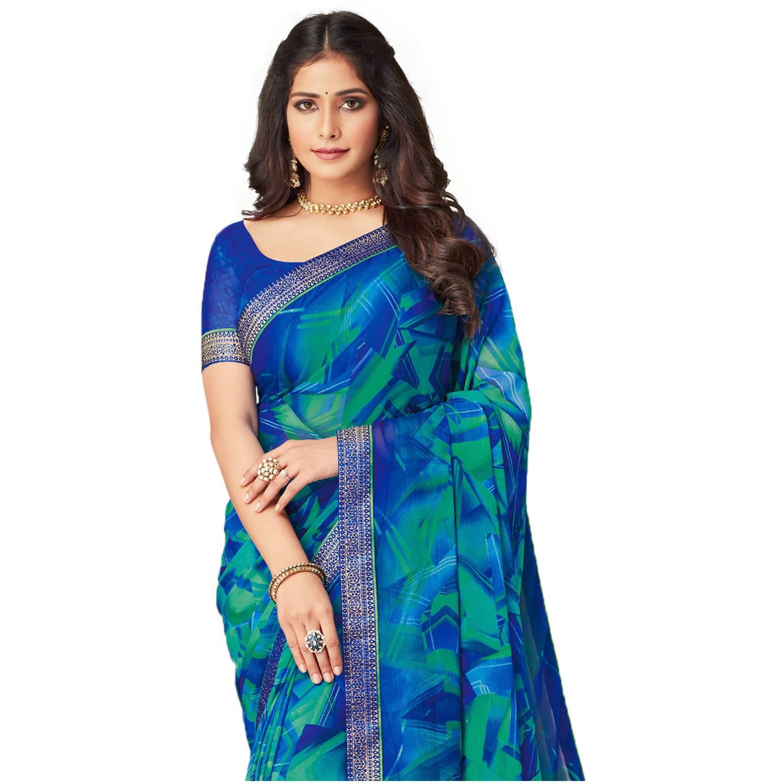 Satrani Women's Lace & Printed Chiffon Saree With Blouse(2206Sr934_Blue & Multi)