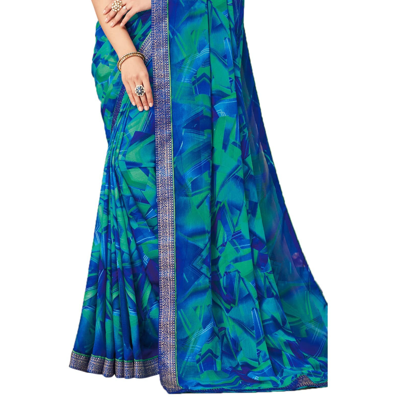 Satrani Women's Lace & Printed Chiffon Saree With Blouse(2206Sr934_Blue & Multi)