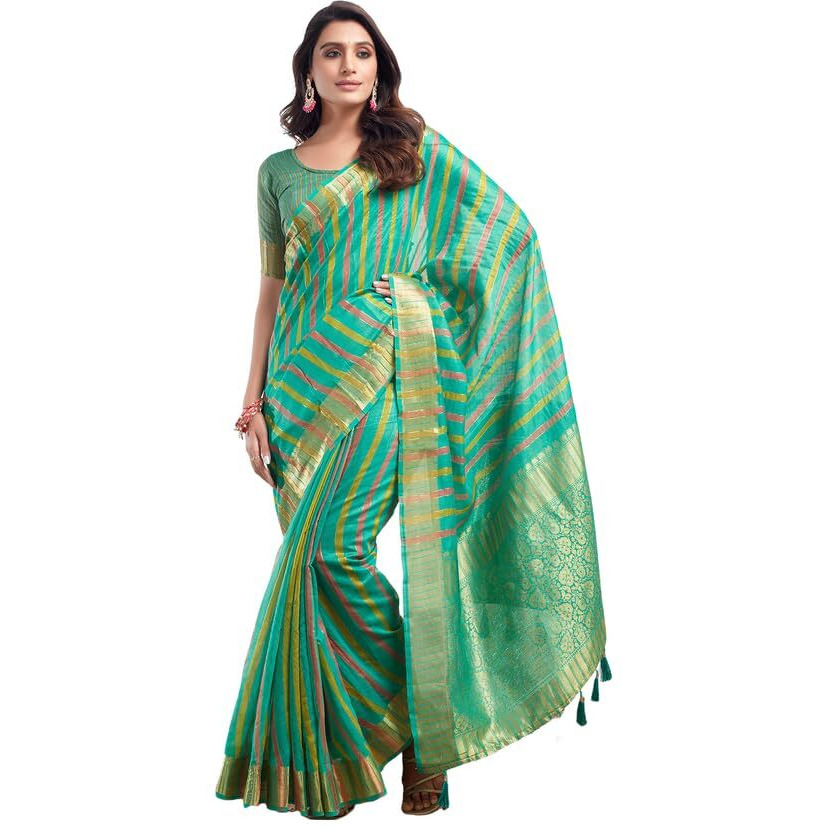 Satrani Women's Cotton Silk Woven Stripe & Jacquard Saree With Unstitched Blouse Piece (3474S5973N_Turquoise)