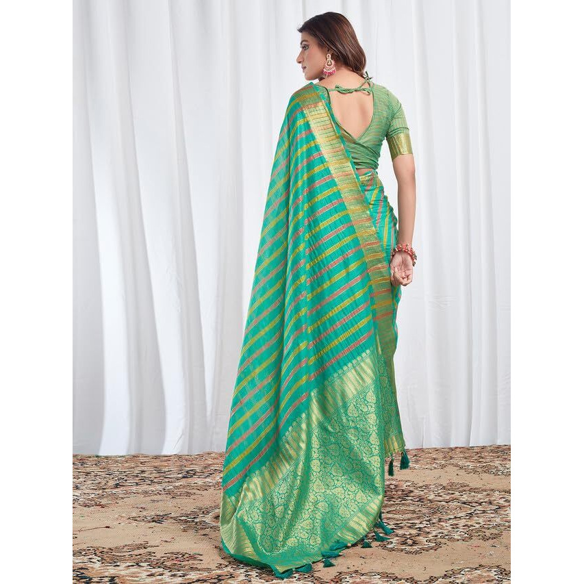Satrani Women's Cotton Silk Woven Stripe & Jacquard Saree With Unstitched Blouse Piece (3474S5973N_Turquoise)