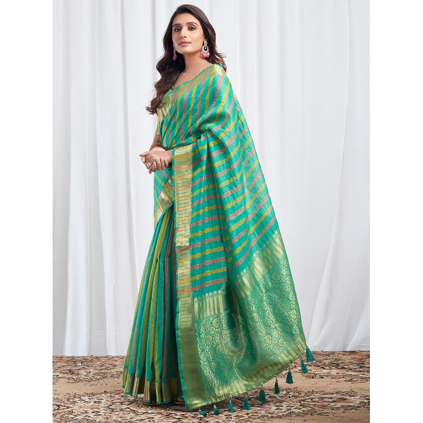 Satrani Women's Cotton Silk Woven Stripe & Jacquard Saree With Unstitched Blouse Piece (3474S5973N_Turquoise)