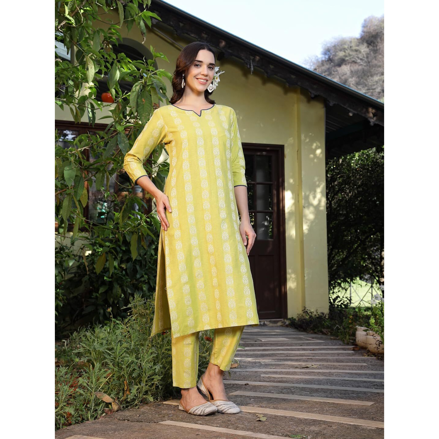 Stylum Women's Woven Design Cotton Blend Straight Kurta Pant Set (Kplimeshimla44_Lime Green, 2Xl)