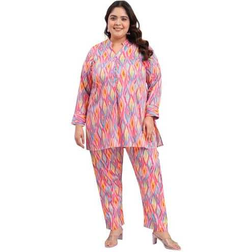 Tissu Women's Plus Size Multicolor Pure Cotton Full Sleeves Tunic With Trouser Co-Ord Set (746_Multi_6Xl)