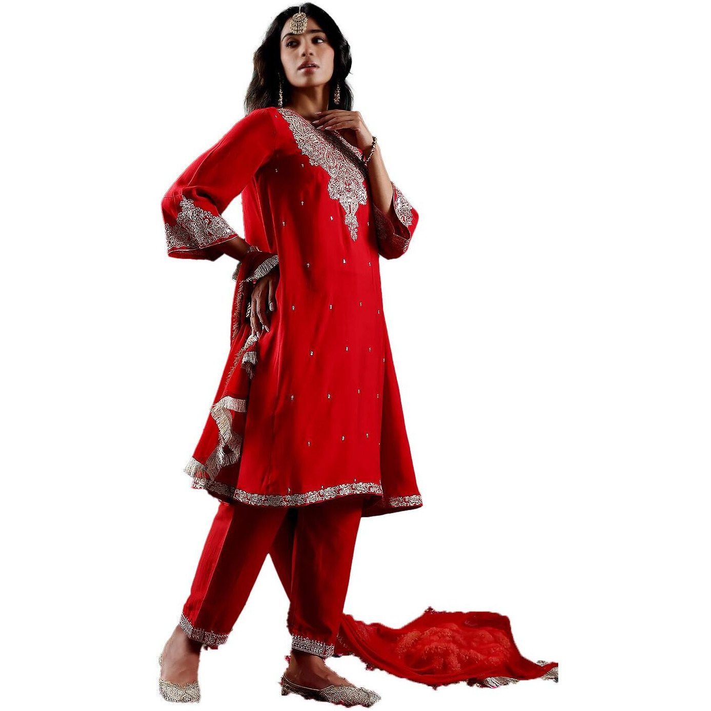 Varanga Women Red Embroidered A- Line Kurta With Bottom And Dupatta