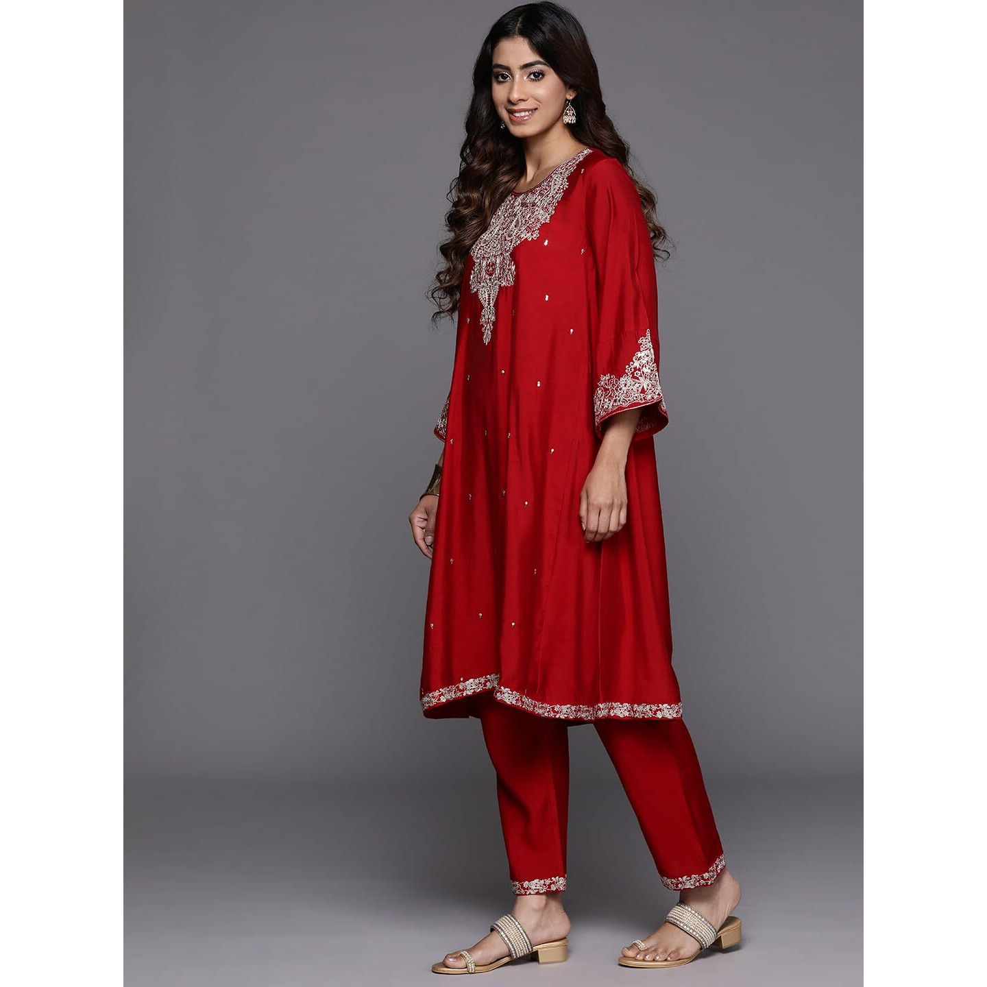 Varanga Women Red Embroidered A- Line Kurta With Bottom And Dupatta