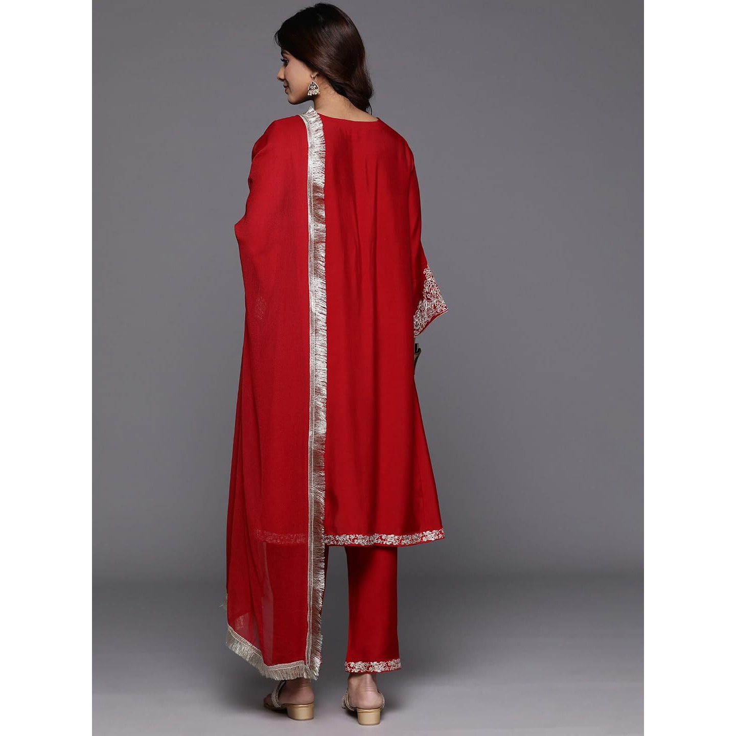 Varanga Women Red Embroidered A- Line Kurta With Bottom And Dupatta