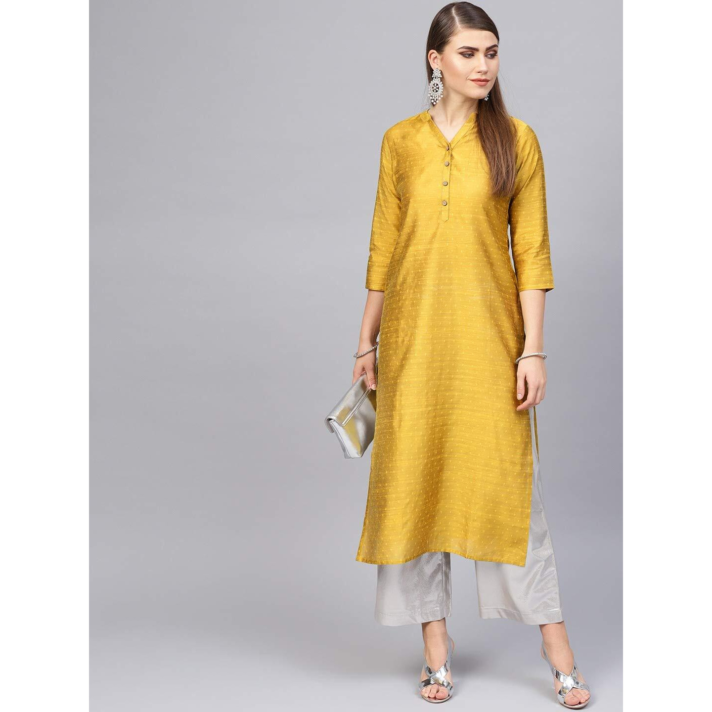 Varanga Women Mustard Yellow Striped Gotta Patti Dobby Kurta