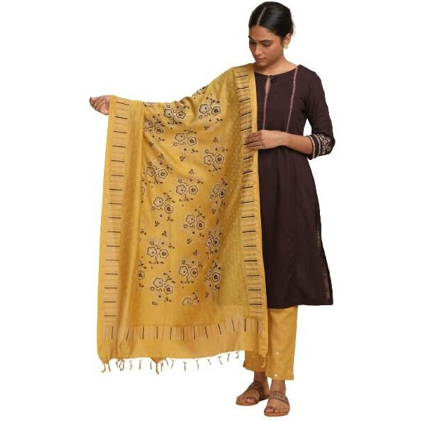 Yellow Cotton Silk Block Printed Drape