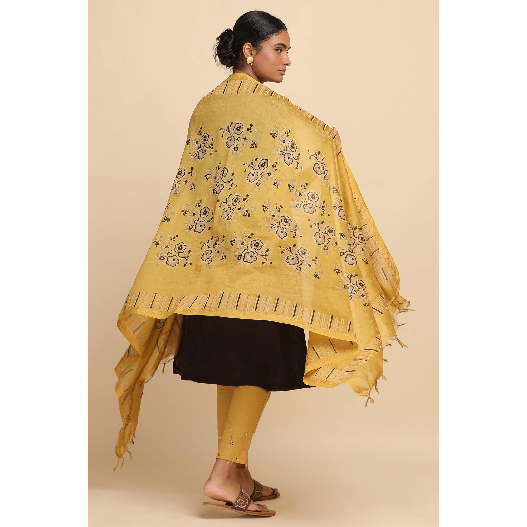 Yellow Cotton Silk Block Printed Drape
