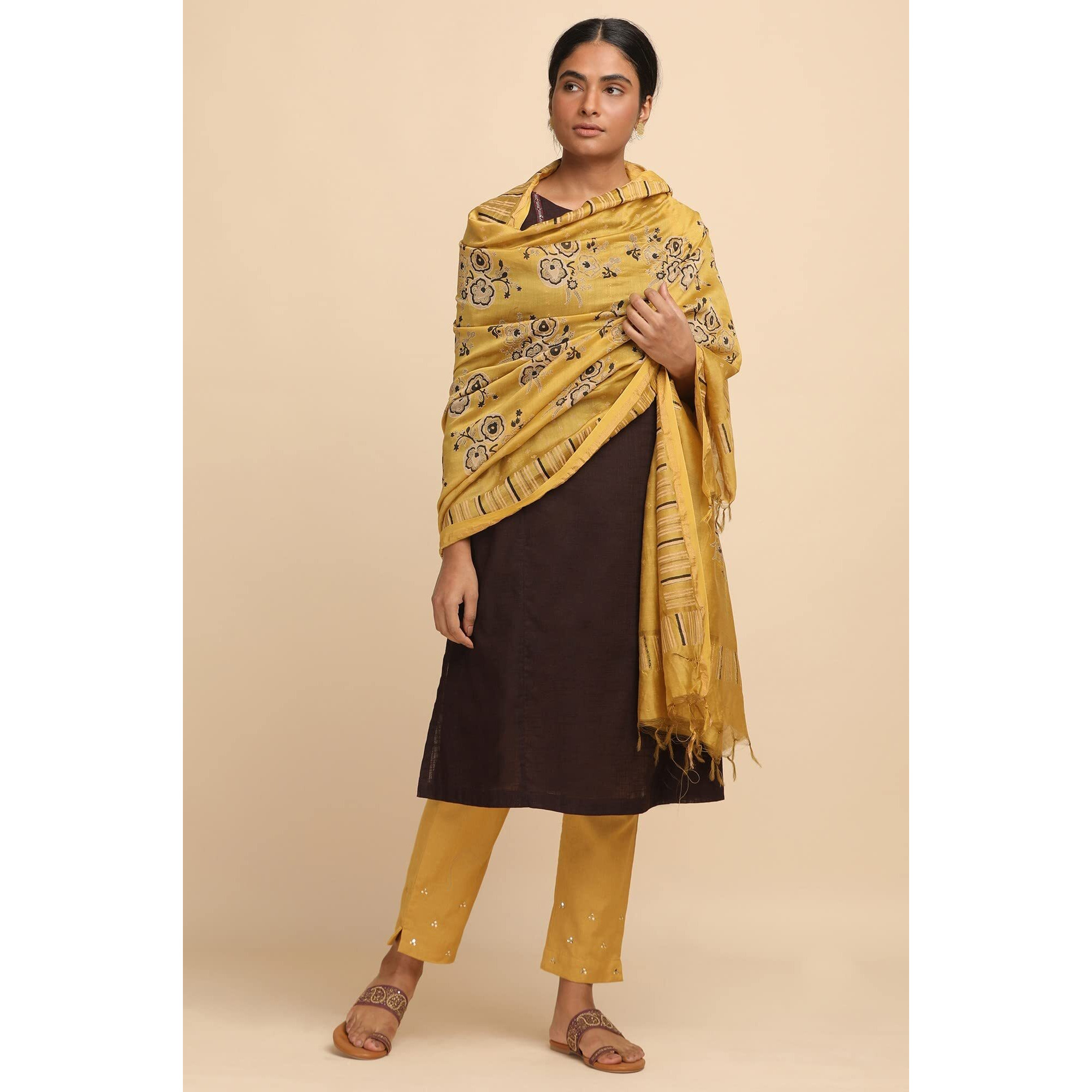 Yellow Cotton Silk Block Printed Drape