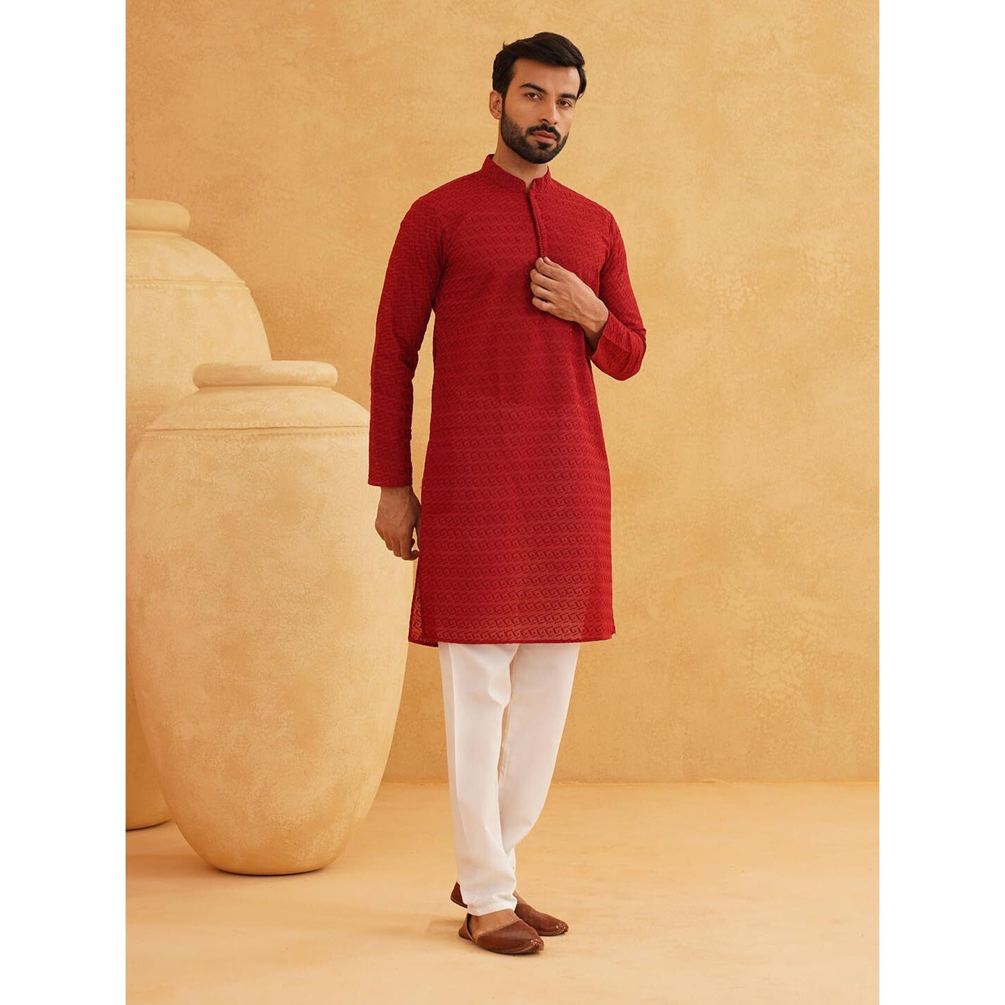 Sojanya (Since 1958 Festive Heritage Elegant Chikankari Maroon Kurta For Men