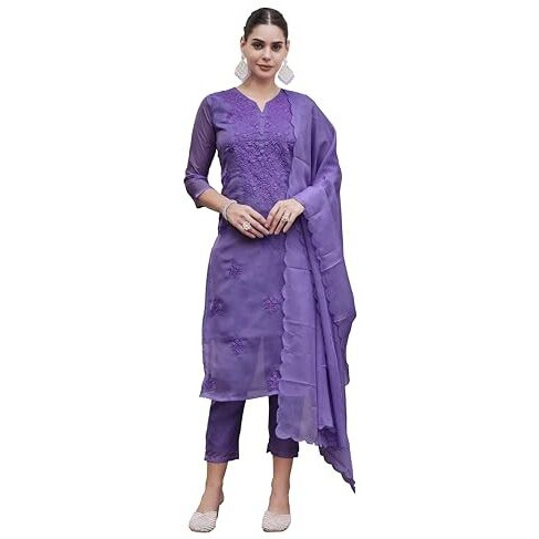 Womanista Women's Organza Kurta With Trouser & Dupatta (Kurtaset_1432_Lavender_M)
