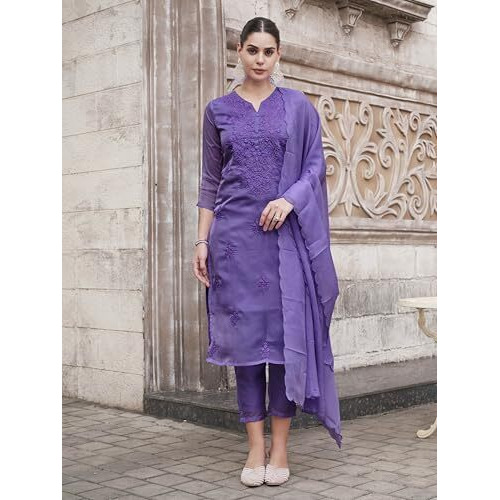 Womanista Women's Organza Kurta With Trouser & Dupatta (Kurtaset_1432_Lavender_M)