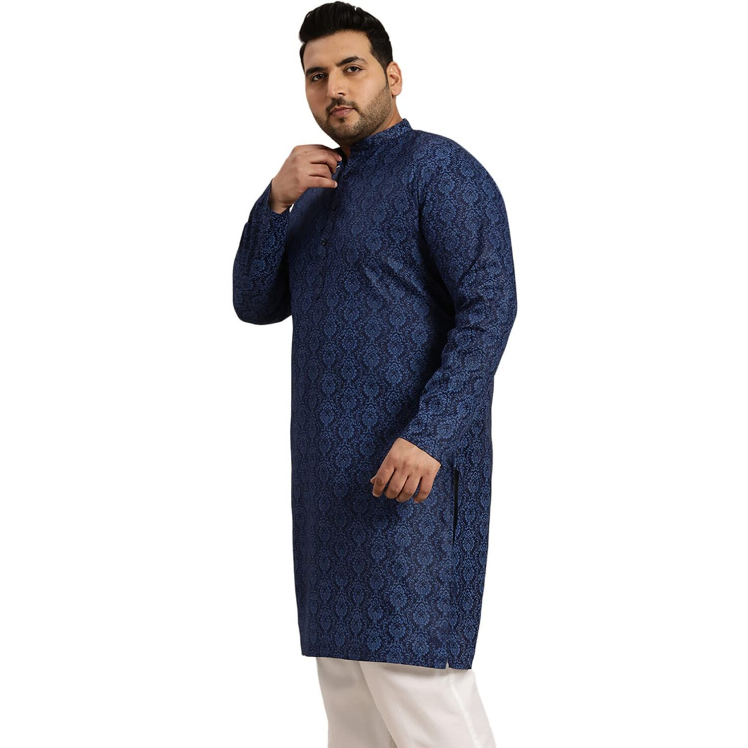 Sojanya Plus (Since 1958) Men's Cotton Blend Navy Blue And Black Printed Only Long Kurta