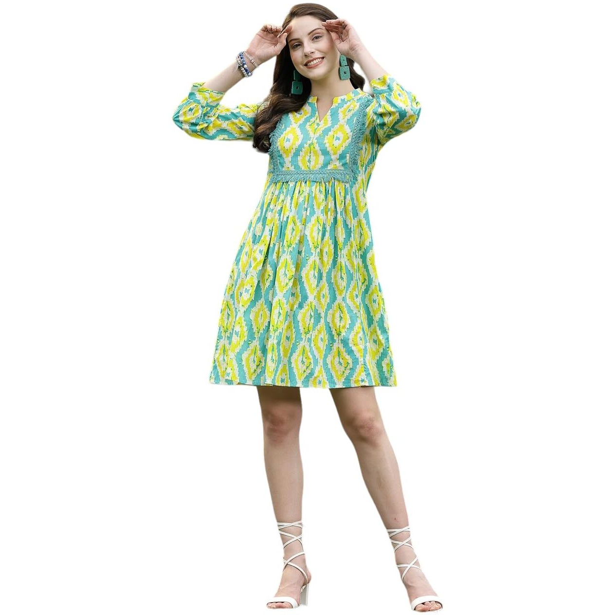 Stylum Women's Tropical Printed Cotton A-Line Dress (Drsicepop38_Green, M)