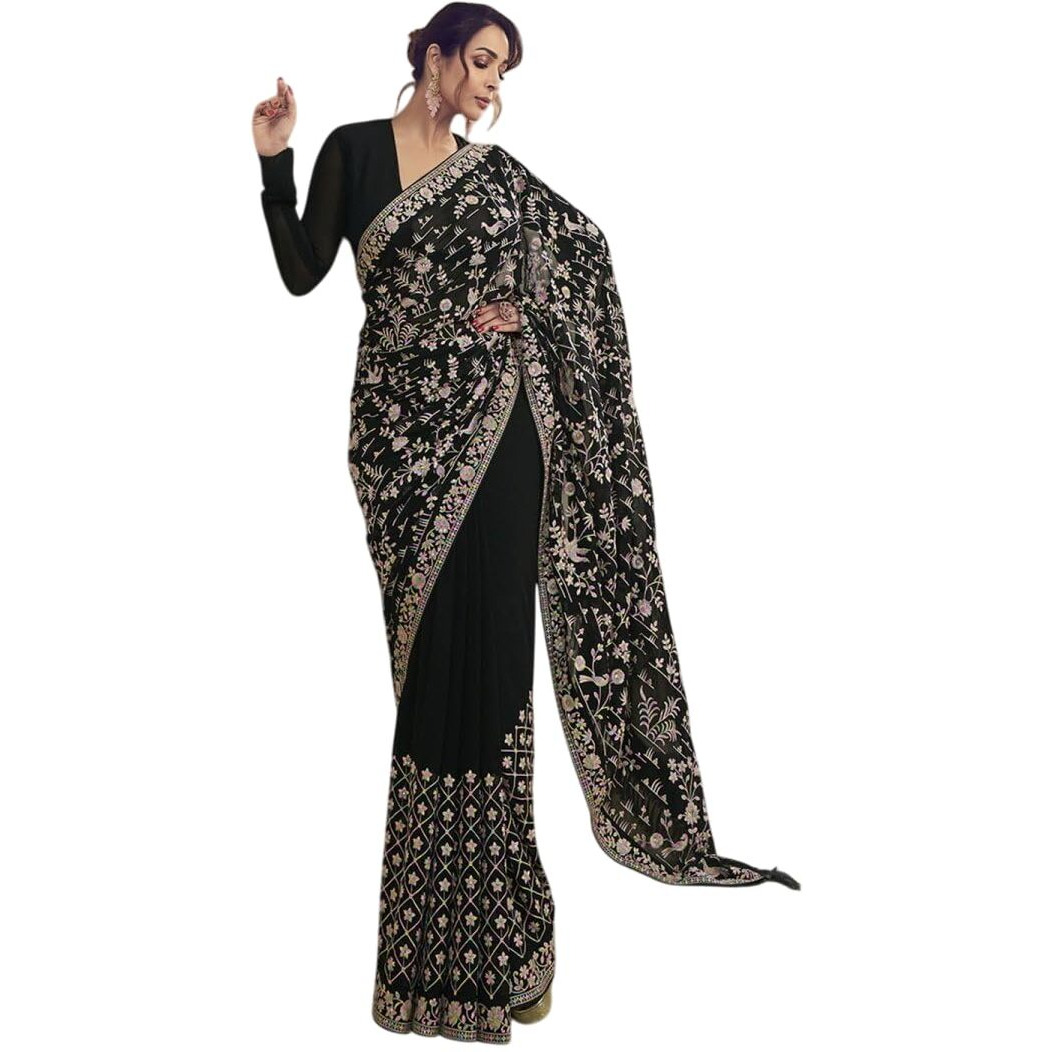 Flosive Women's Embroidered Bollywood Georgette Saree (Black-)