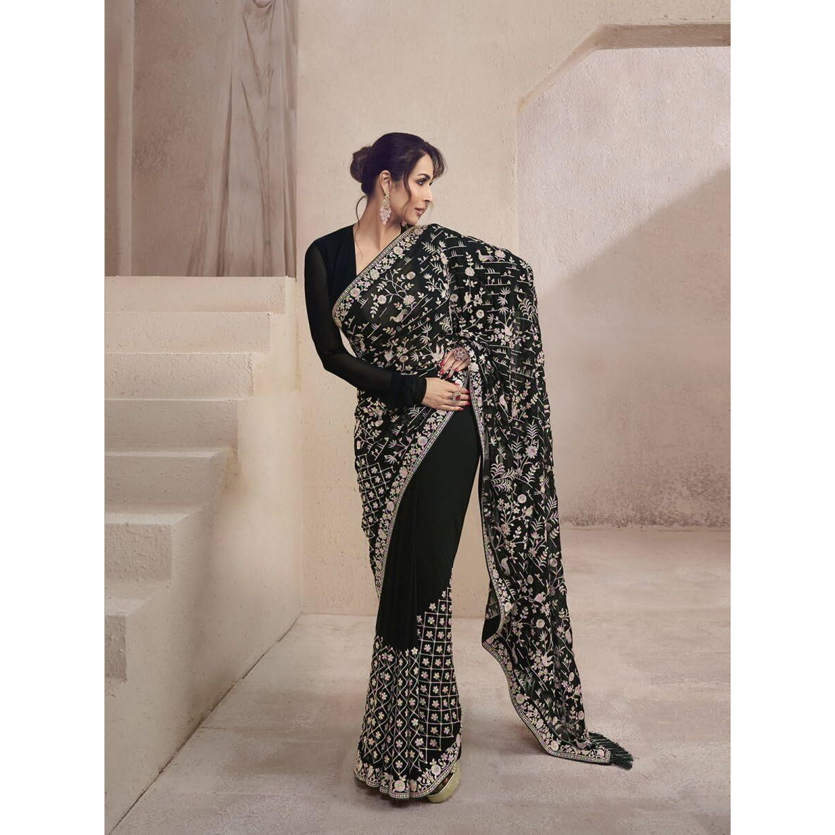 Flosive Women's Embroidered Bollywood Georgette Saree (Black-)