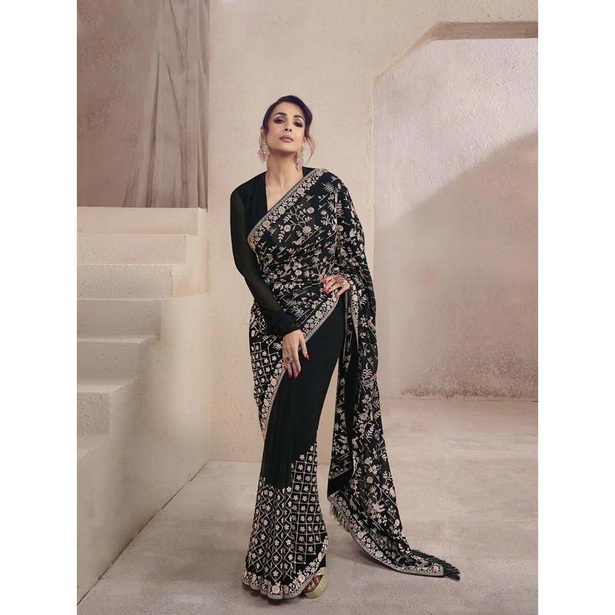 Flosive Women's Embroidered Bollywood Georgette Saree (Black-)