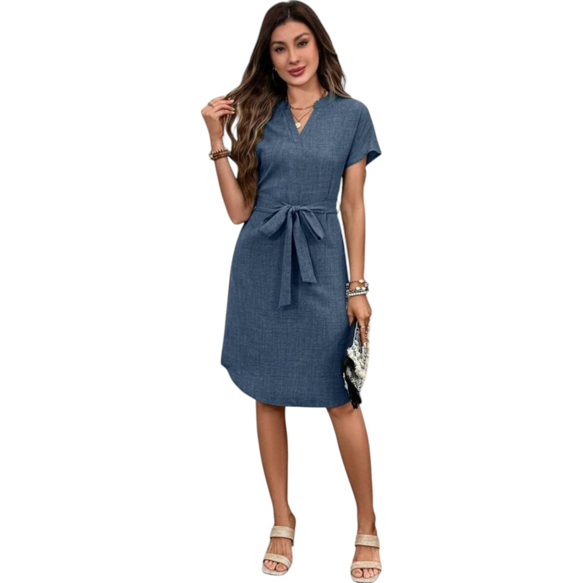 Gufrina Women Western Dresses In Solid, Relaxed Fit, V-Neckline, And Waist Tie-Up Design (Blue Xl)